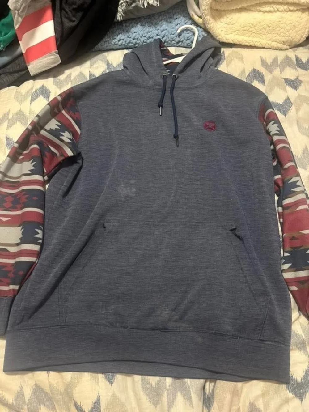 Hooey Blue Hoodie with Patterned Red & Cream Sleeves